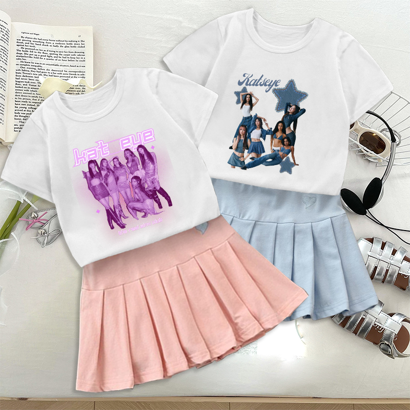 Street Fashion Tshirt - 패션 K-POP K-캣아이 티셔츠 플리츠 스커트