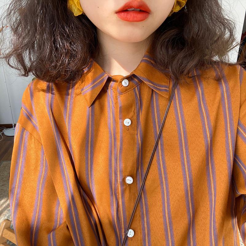 Street Fashion Youth - 용수철 스트라이프 루즈 캐주얼 블라우스, 폴로