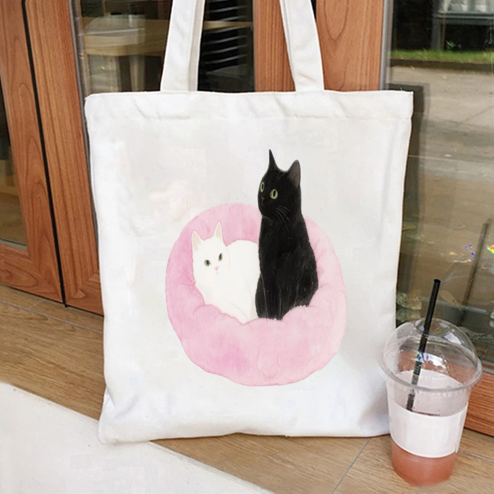 Tote Bag Canvas Print - 핑크 날개를 가진 수채화 검은 고양이