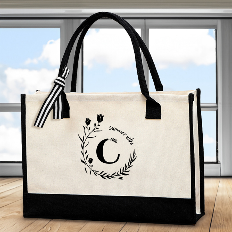 Tote Bag Canvas Print - 가죽 레터 프린트 토트백, 대용량 남성용