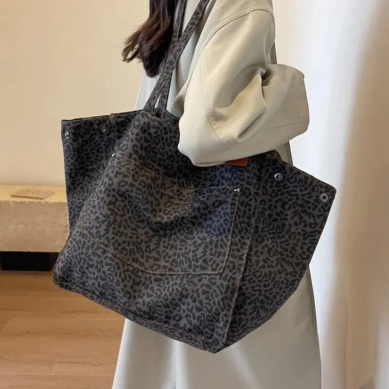 Tote Bag Canvas Print - 세련된 레오파드 프린트 캐주얼 겨드랑이 토트백,