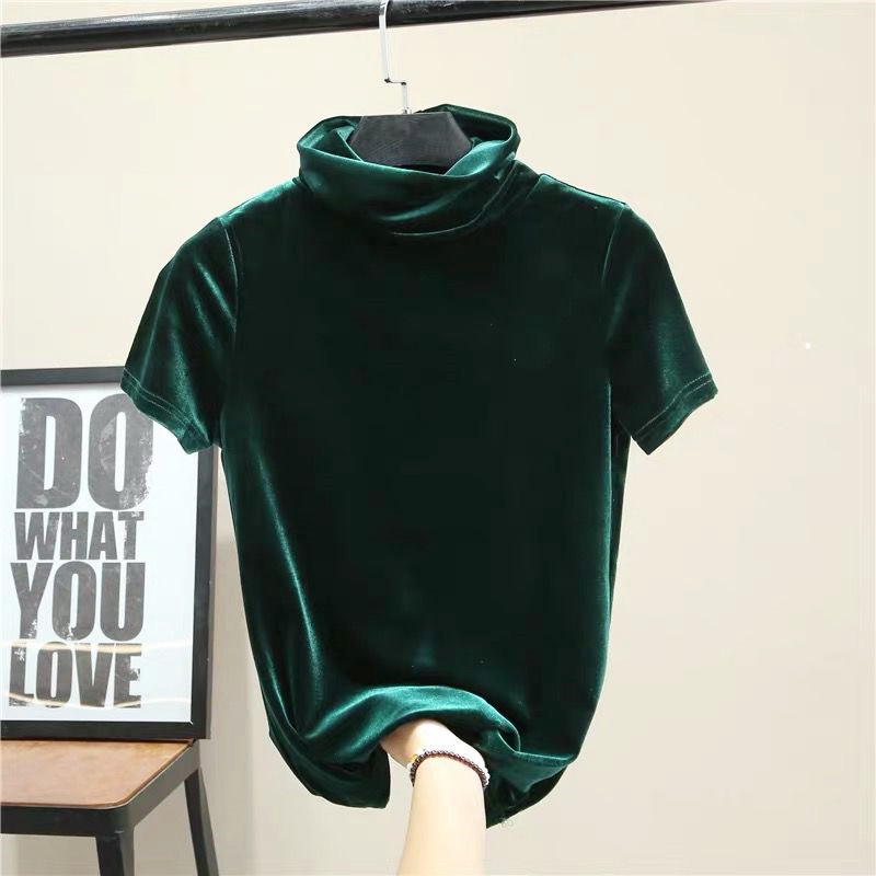 Street Fashion Tshirt - 한국 패션 여성용 터틀넥 반팔 벨벳