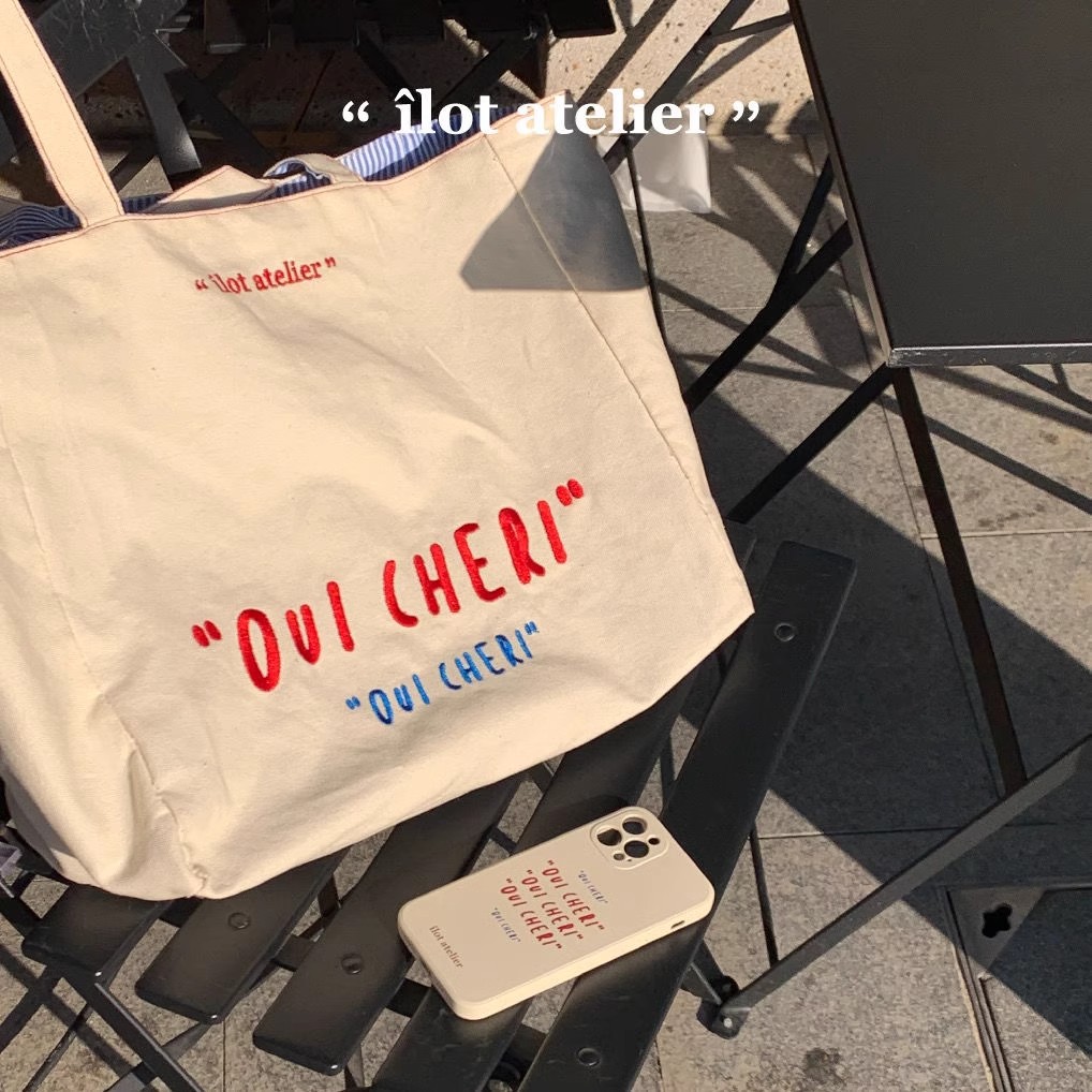 Tote Bag Canvas Print - 다용도 더블 스트라이프 자수 토트백 -