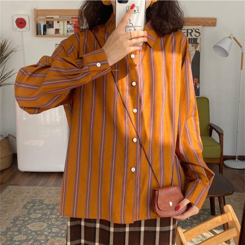 용수철 스트라이프 루즈 캐주얼 블라우스, 폴로 넥 긴팔 - Street Fashion Youth 리뷰 및 가격