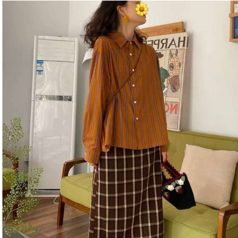 용수철 스트라이프 루즈 캐주얼 블라우스, 폴로 넥 긴팔 - Street Fashion Youth 리뷰 및 가격