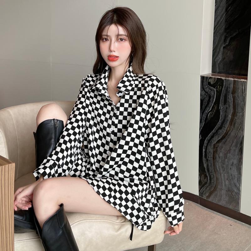 폴로넥 체크 버튼 루즈핏 하이 스트리트 셔츠 탑 봄 가 - Street Fashion Youth 리뷰 및 가격