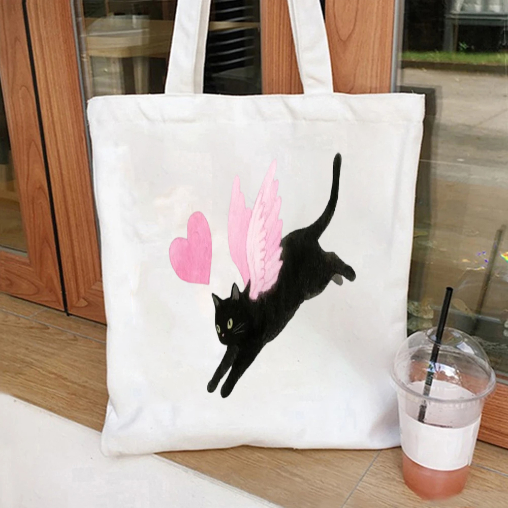핑크 날개를 가진 수채화 검은 고양이 프린트 캔버스 토 - Tote Bag Canvas Print 리뷰 및 가격