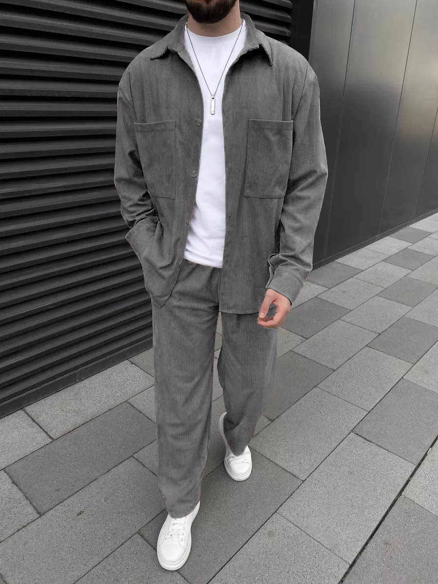 남성용 코듀로이 투피스 세트: 긴소매 버튼다운 셔츠와  - Street Fashion Outfit 리뷰 및 가격