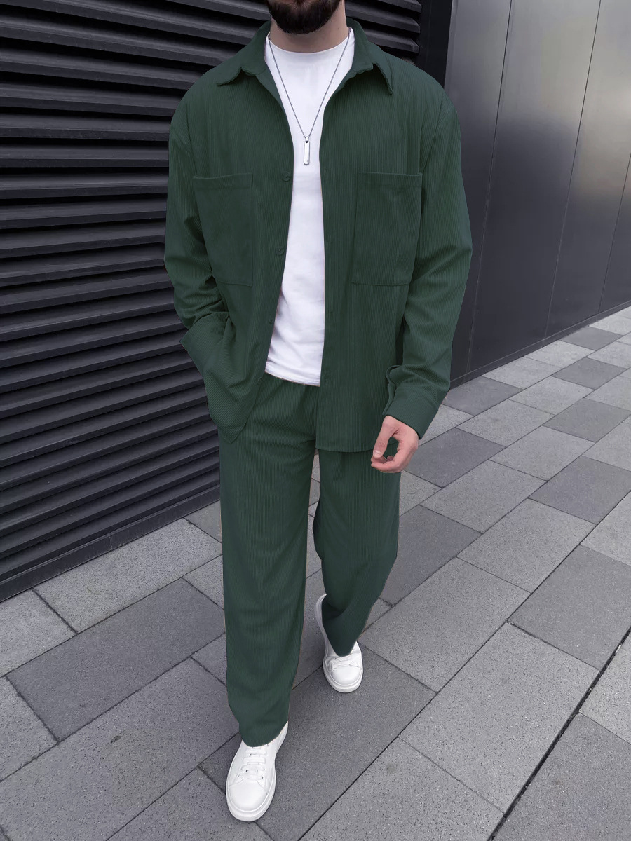 남성용 코듀로이 투피스 세트: 긴소매 버튼다운 셔츠와  - Street Fashion Outfit 리뷰 및 가격