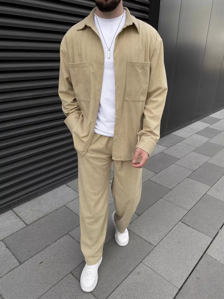 남성용 코듀로이 투피스 세트: 긴소매 버튼다운 셔츠와  - Street Fashion Outfit 리뷰 및 가격