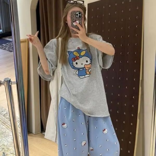 반팔 헬로 키티 프린트 티셔츠 산리오 여성 여름 새로운 - Street Fashion Tshirt 리뷰 및 가격