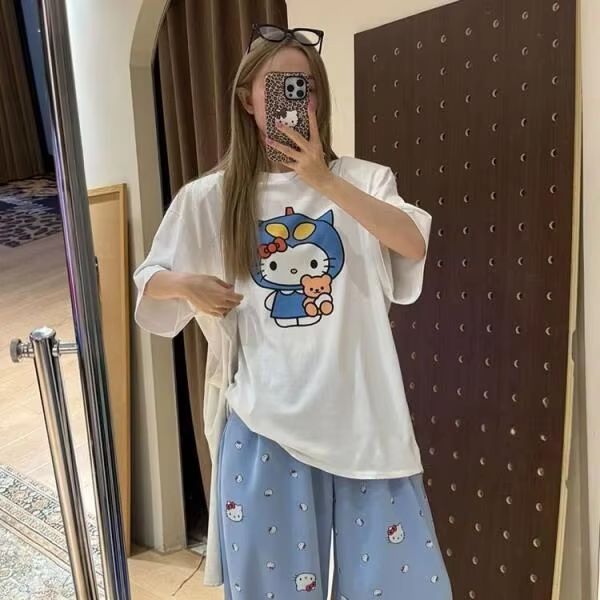 반팔 헬로 키티 프린트 티셔츠 산리오 여성 여름 새로운 - Street Fashion Tshirt 리뷰 및 가격