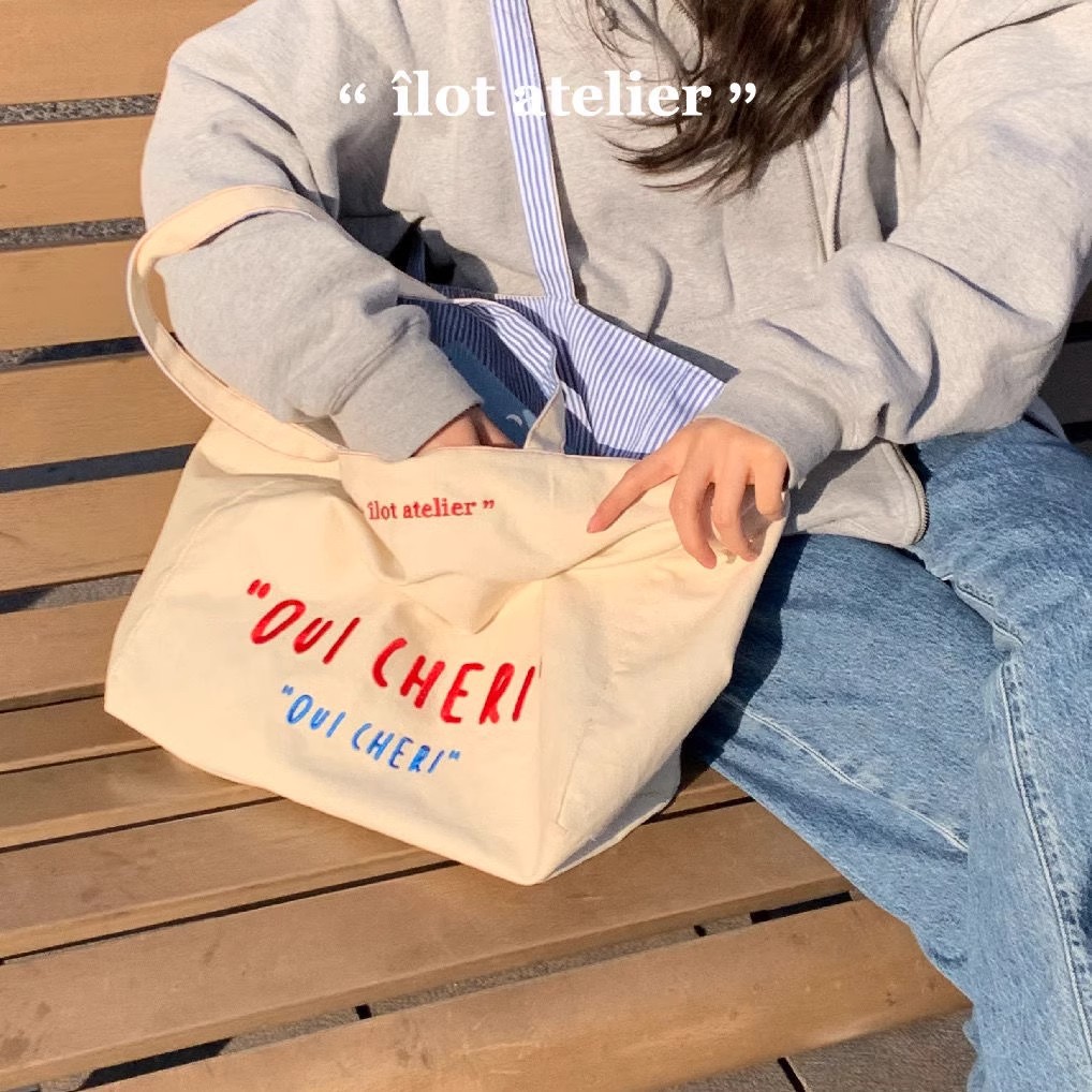 다용도 더블 스트라이프 자수 토트백 - 여성용 대용량  - Tote Bag Canvas Print 리뷰 및 가격