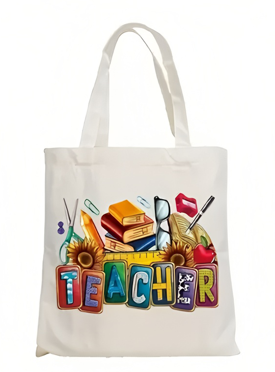 컬러 블록 교사용 레터링과 학용품이 있는 해바라기 프린 - Tote Bag Canvas Print 리뷰 및 가격